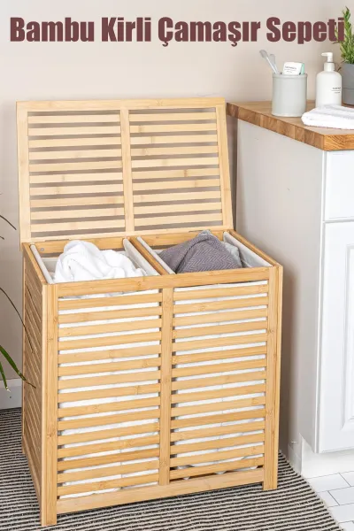 İBİCO 2 BÖLMELİ AHŞAP BAMBU KİRLİ ÇAMAŞIR SEPETİ
