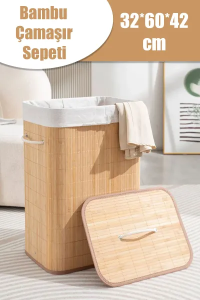 İBİCO DİKDÖRTGEN BAMBU KİRLİ İÇ BEZLİ ÇAMAŞIR SEPETİ