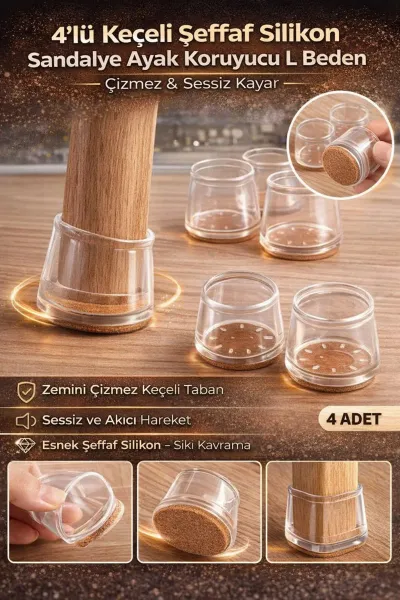 4 lü Keçeli Şeffaf Silikon Sandalye Ayak Koruyucu Seti