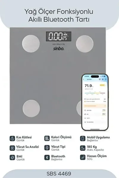 SİNBO SBS-4469 GRİ YAĞ ÖLÇER AKILLI BLUETOOTH CAM BASKÜL