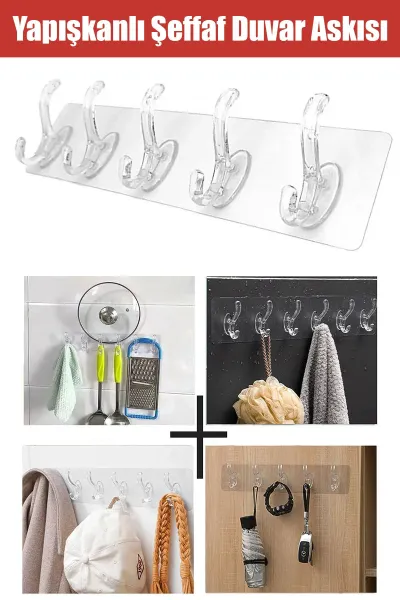 Yapışkanlı Şeffaf Duvar Askısı Banyo Mutfak Düzenleyici Pratik Askılık