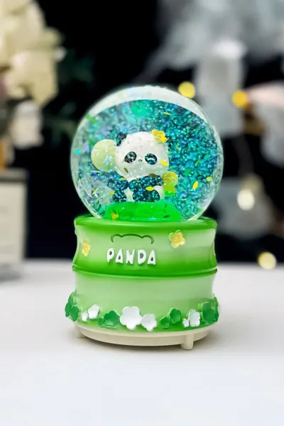 YEŞİL PANDALI BÜYÜK BOY & 10CM  PİLLİ & IŞIKLI MÜZİKLİ KAR KÜRESİ