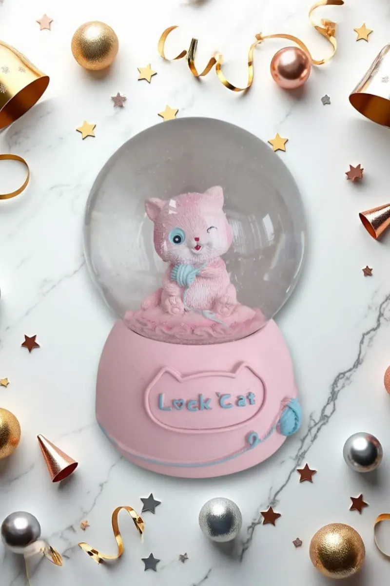 PEMBE KEDİLİ BÜYÜK BOY & 10CM  PİLLİ & IŞIKLI MÜZİKLİ KAR KÜRESİ