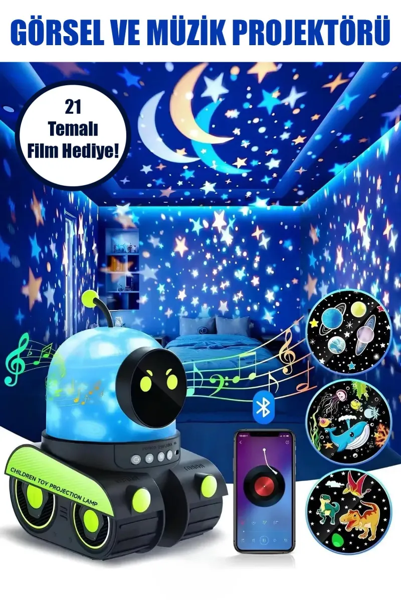 🧸EĞİTİCİ VE EĞLENCELİ ROBOT TEMALİ PROJEKTÖR GECE LAMBASI 21 FİLMLİ