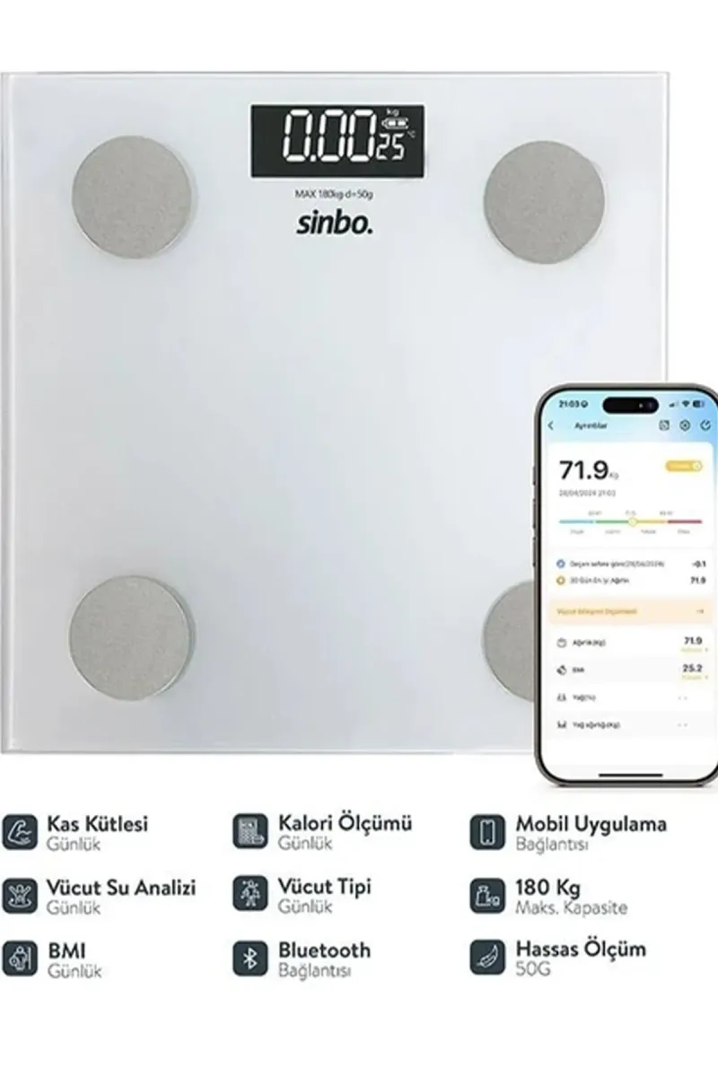 SİNBO YAĞ ÖLÇER AKILLI BLUETOOTH CAM BASKÜL