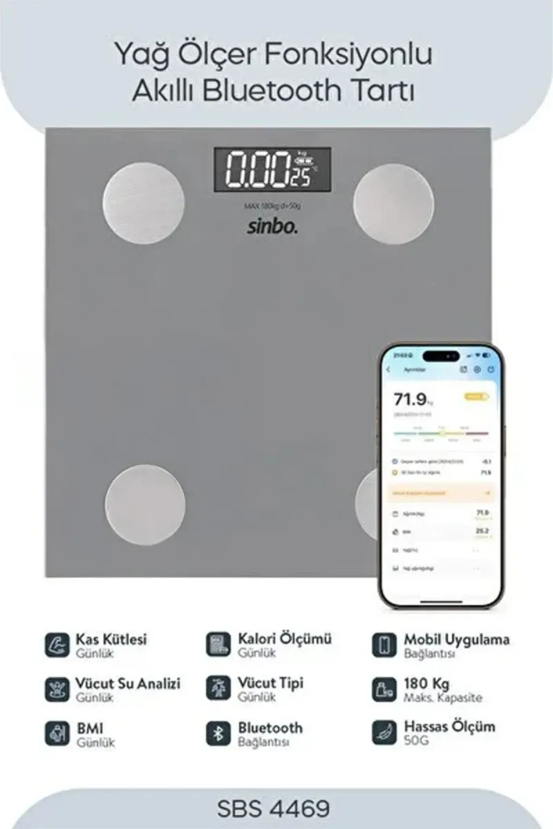 SİNBO SBS-4469 GRİ YAĞ ÖLÇER AKILLI BLUETOOTH CAM BASKÜL