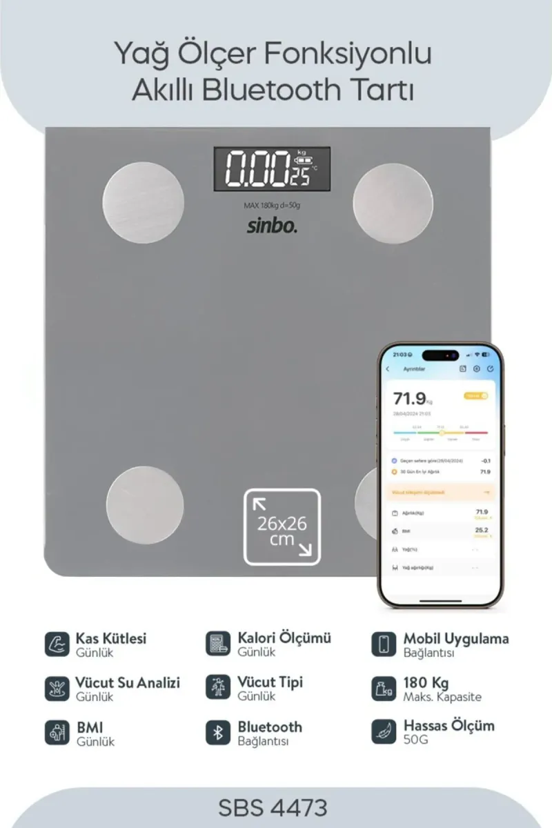 SİNBO SBS-4473 GRİ YAĞ ÖLÇER AKILLI BLUETOOTH CAM BASKÜL