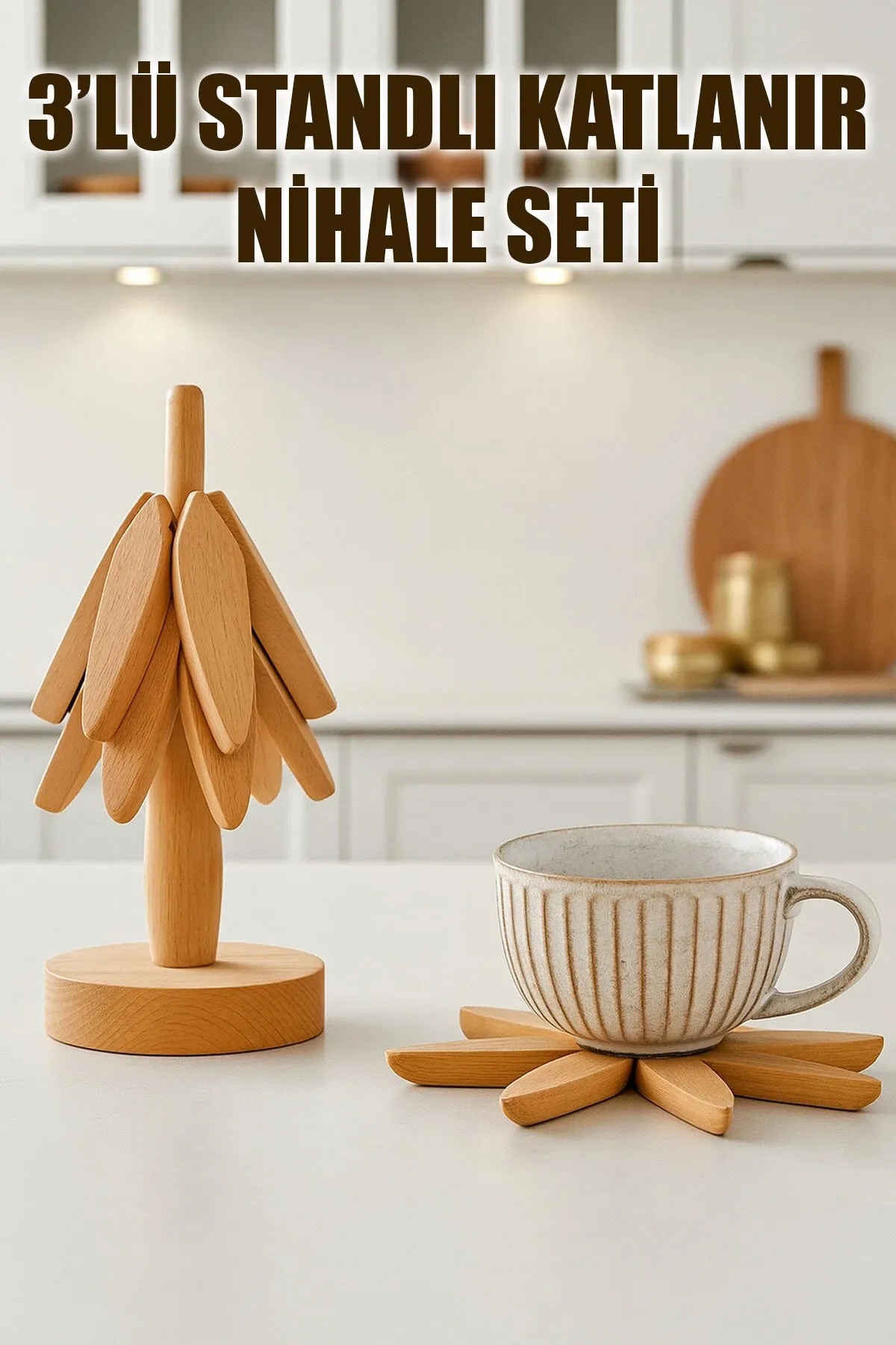 3 LÜ BAMBU AHŞAP STANDLI KATLANABİLİR NİHALE