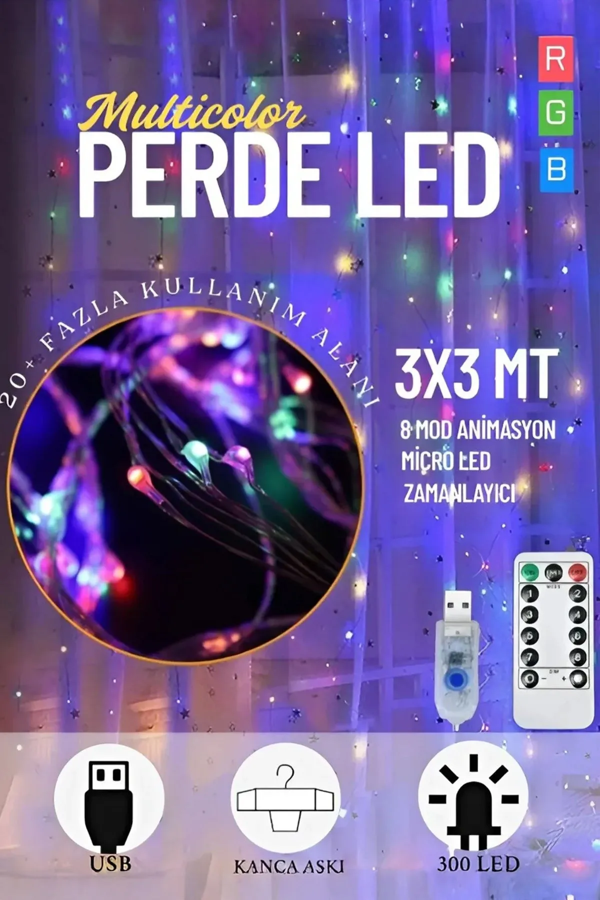 3X3 Metre Renkli Usb & Kumandalı Tel Perde Led Dekor Lamba