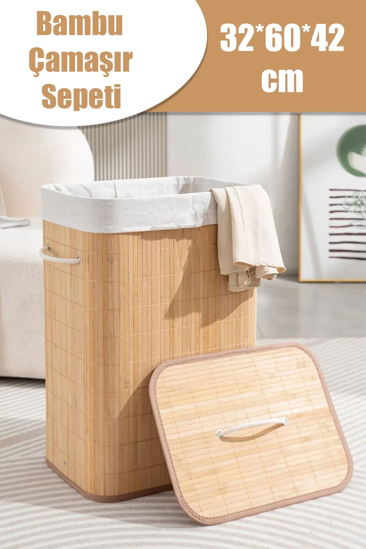 İBİCO DİKDÖRTGEN BAMBU KİRLİ İÇ BEZLİ ÇAMAŞIR SEPETİ