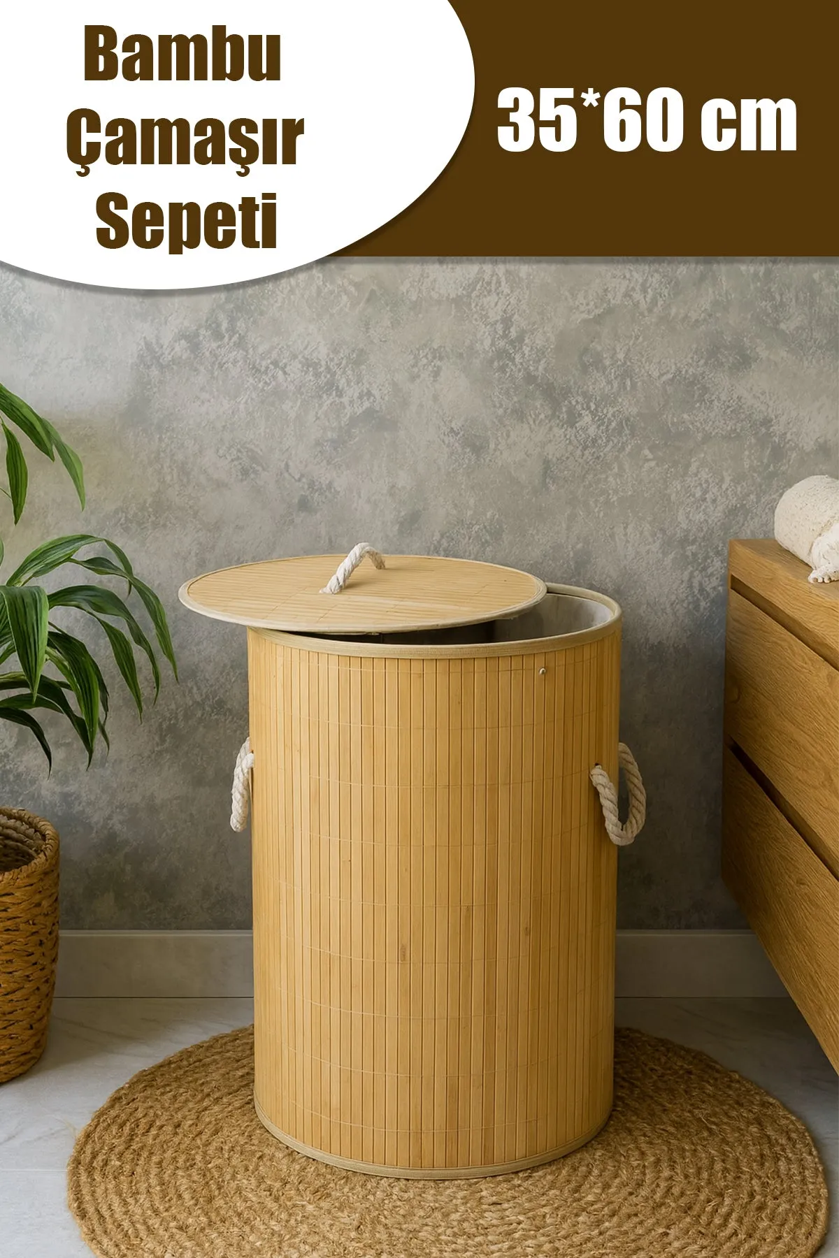 İBİCO YUVARLAK BAMBU İÇ BEZLİ KİRLİ ÇAMAŞIR SEPETİ