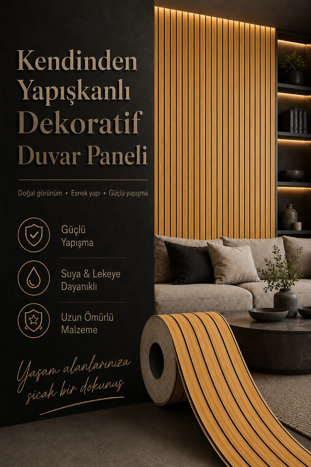 Kendinden Yapışkanlı Isı Ses Yalıtımlı 3D Ahşap Dokulu Duvar Paneli 30x275 cm-0,85 m²