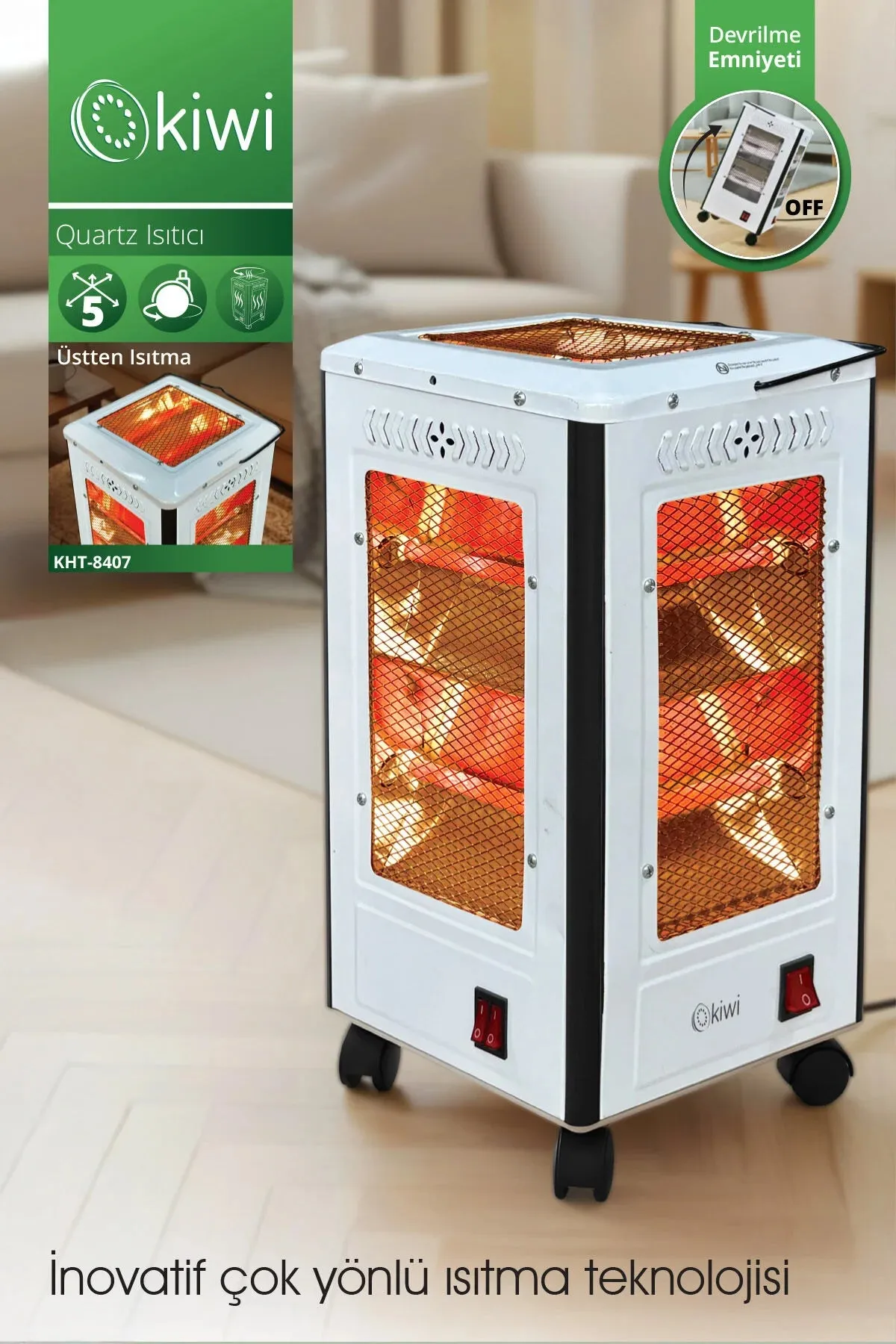 Kiwi Quartz Isıtıcı 5 Yönlü Isıtma & Enerji Tasarruflu Kuvars Tüp & Taşınabilir Tasarım