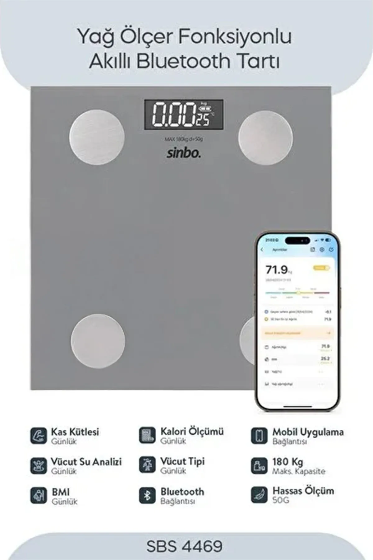 SİNBO SBS-4469 GRİ YAĞ ÖLÇER AKILLI BLUETOOTH CAM BASKÜL
