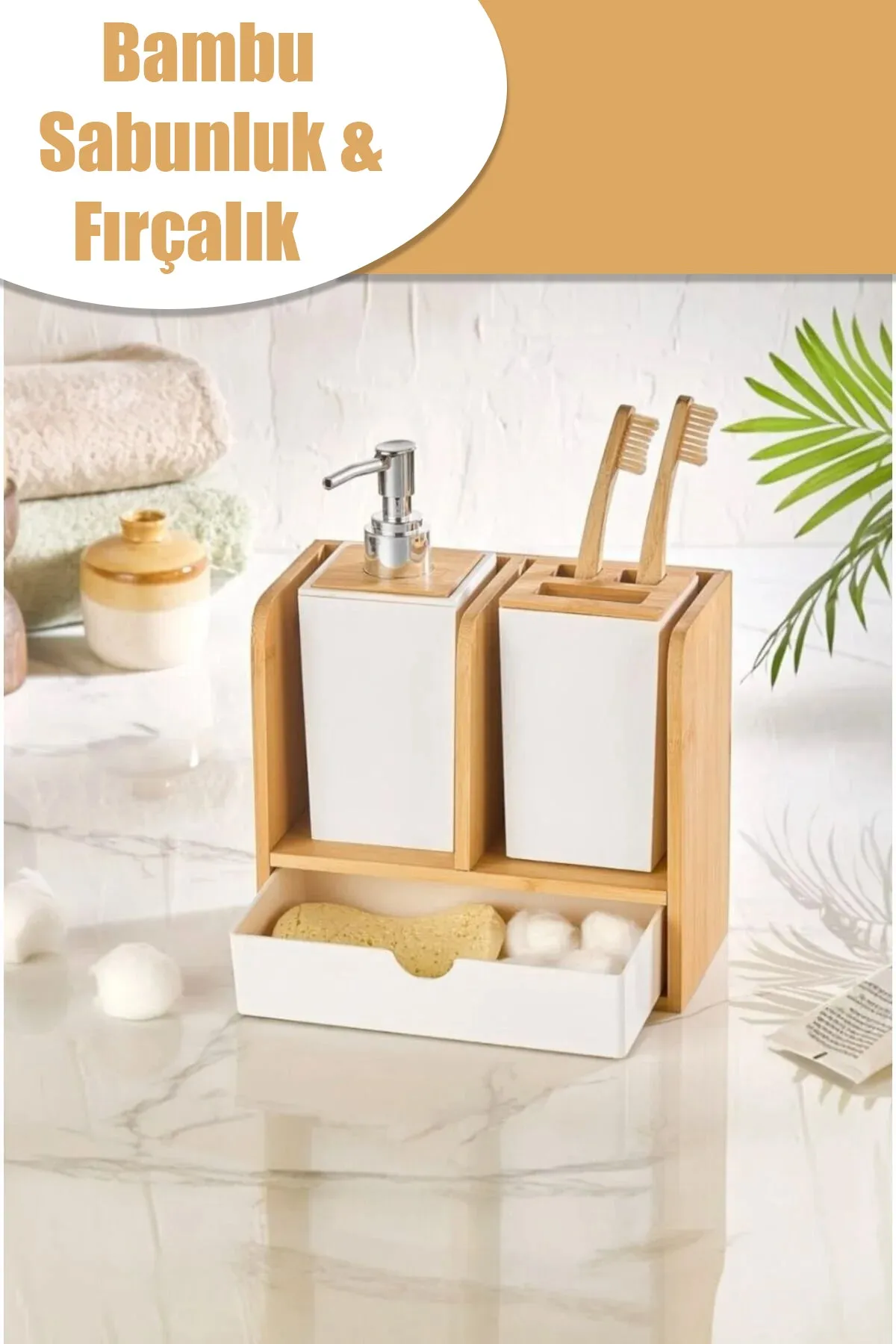 URVE ÇEKMECELİ & DİŞ FIRÇA KUTUSU & SABUNLUK BAMBU BANYO SETİ